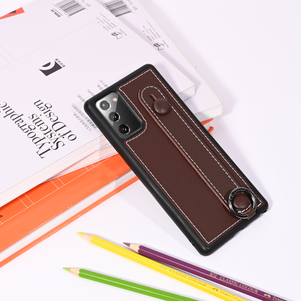 Phone Case TPU+Genuine Leather with Strap Kickstand Shell for Samsung Galaxy S20 4G/S20 5G - Coffee