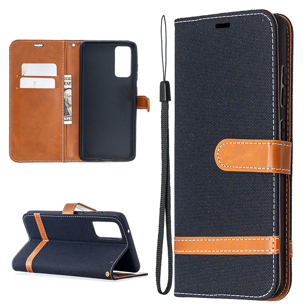 Color Splicing Jeans Cloth Skin Wallet Leather Phone Cover Case for Samsung Galaxy S20 FE 4G/FE 5G/S20 Lite/S20 FE 2022 - Black