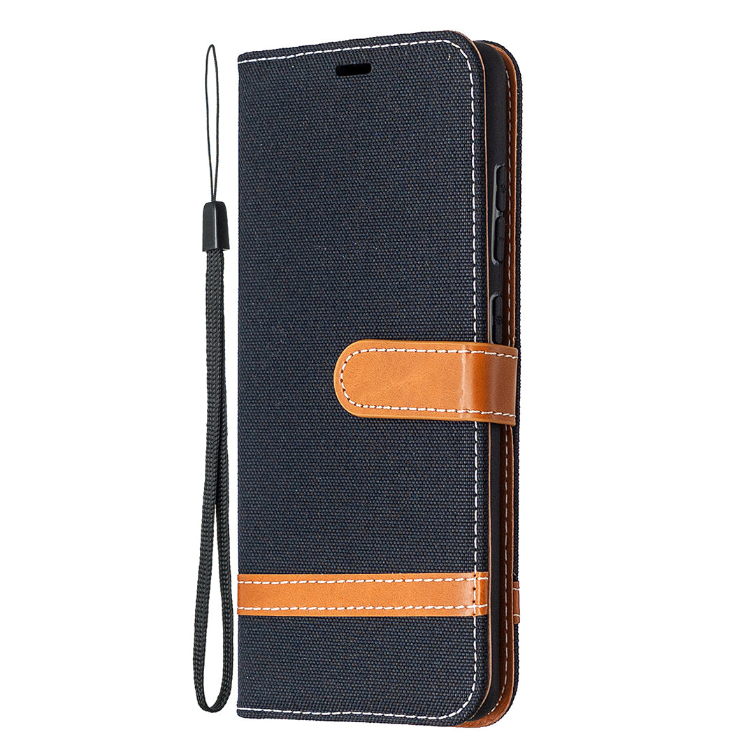 Color Splicing Jeans Cloth Skin Wallet Leather Phone Cover Case for Samsung Galaxy S20 FE 4G/FE 5G/S20 Lite/S20 FE 2022 - Black