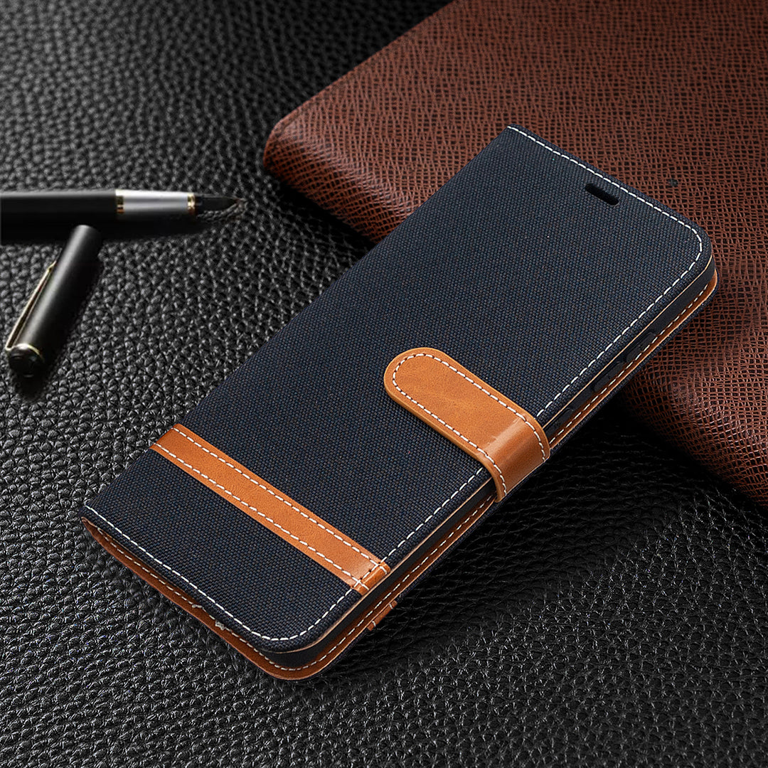 Color Splicing Jeans Cloth Skin Wallet Leather Phone Cover Case for Samsung Galaxy S20 FE 4G/FE 5G/S20 Lite/S20 FE 2022 - Black