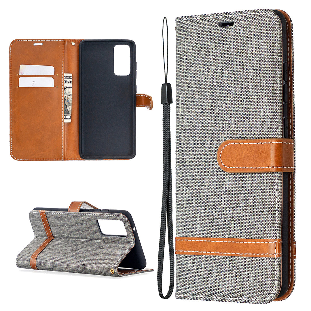 Color Splicing Jeans Cloth Skin Wallet Leather Phone Cover Case for Samsung Galaxy S20 FE 4G/FE 5G/S20 Lite/S20 FE 2022 - Grey