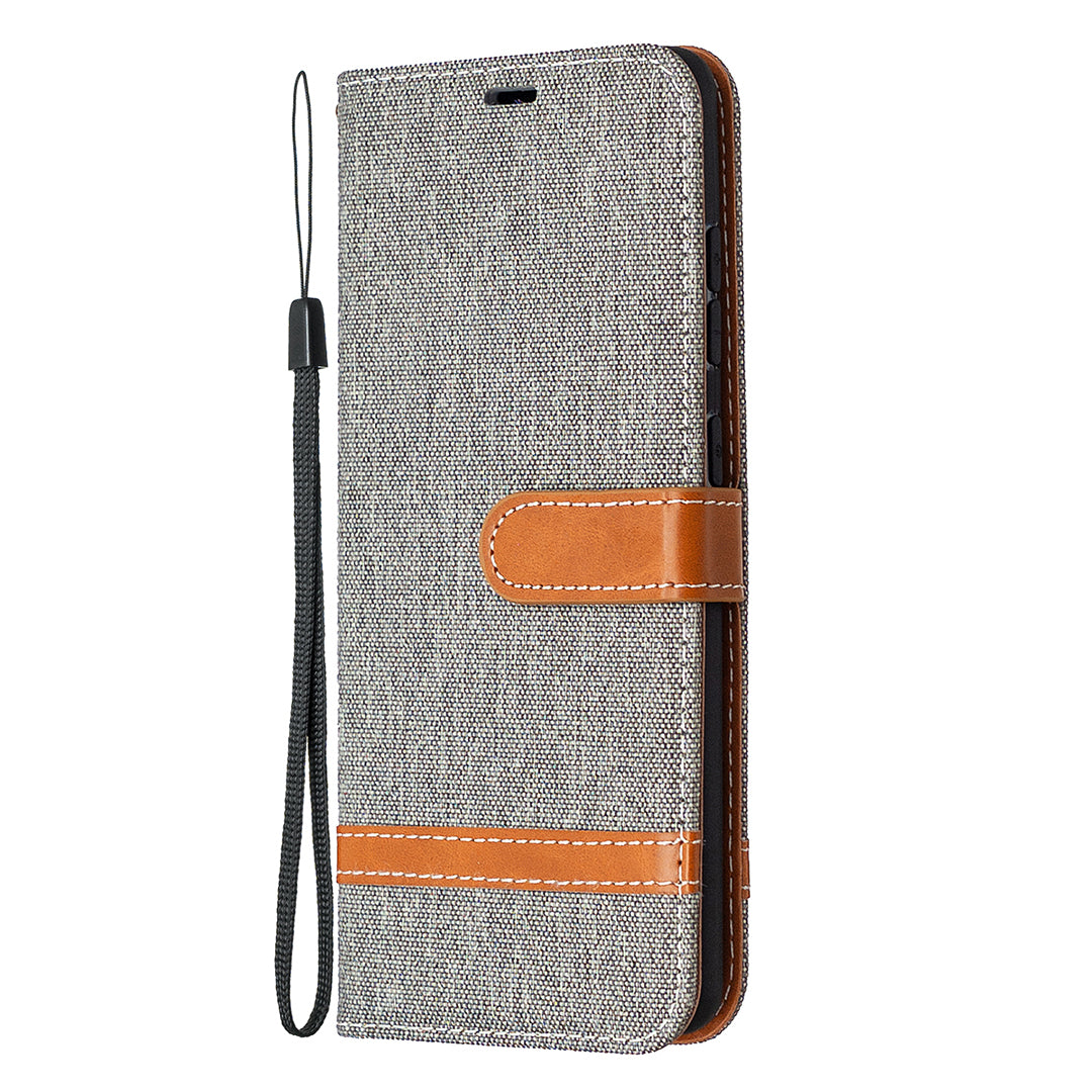 Color Splicing Jeans Cloth Skin Wallet Leather Phone Cover Case for Samsung Galaxy S20 FE 4G/FE 5G/S20 Lite/S20 FE 2022 - Grey