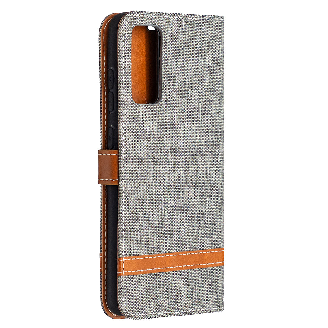 Color Splicing Jeans Cloth Skin Wallet Leather Phone Cover Case for Samsung Galaxy S20 FE 4G/FE 5G/S20 Lite/S20 FE 2022 - Grey