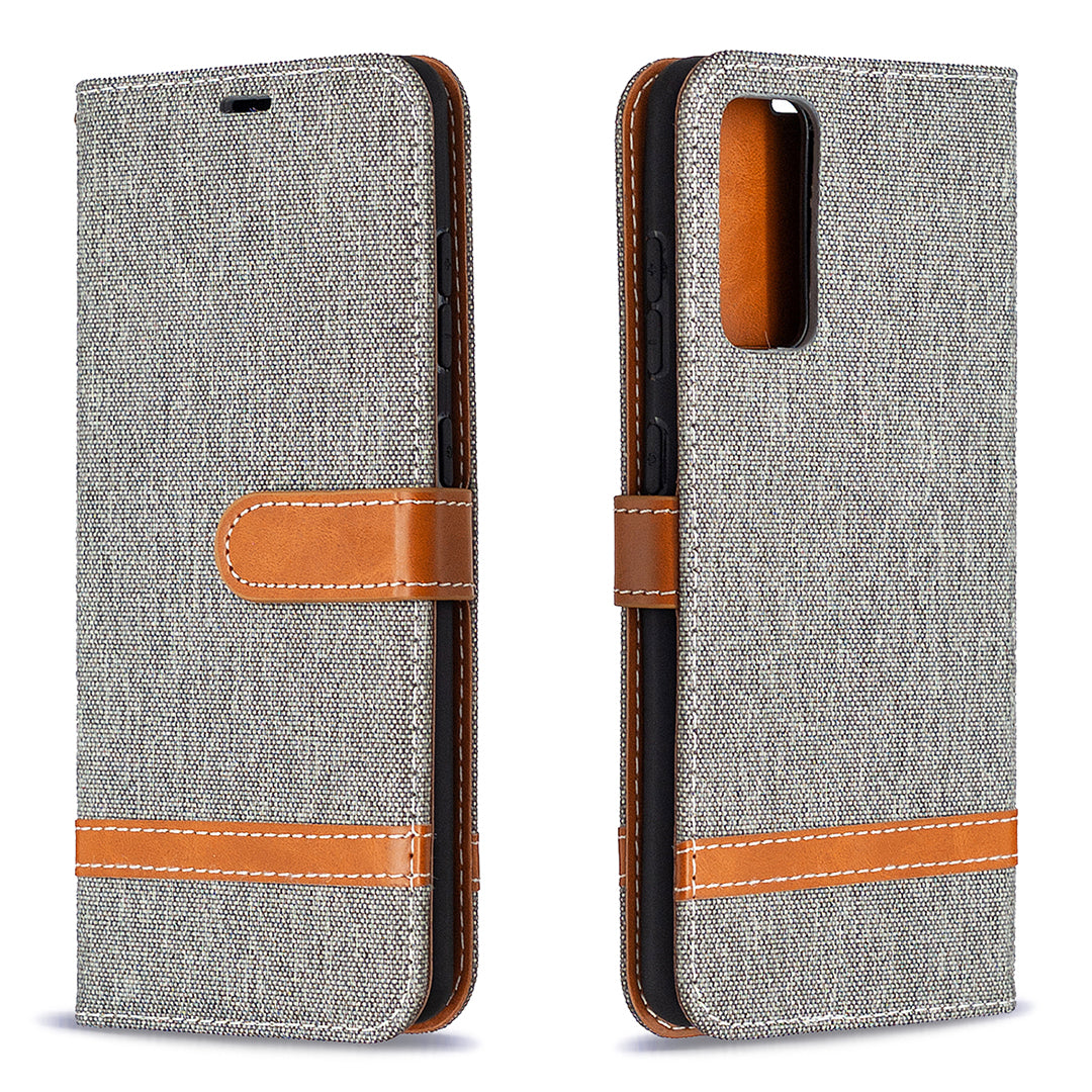 Color Splicing Jeans Cloth Skin Wallet Leather Phone Cover Case for Samsung Galaxy S20 FE 4G/FE 5G/S20 Lite/S20 FE 2022 - Grey