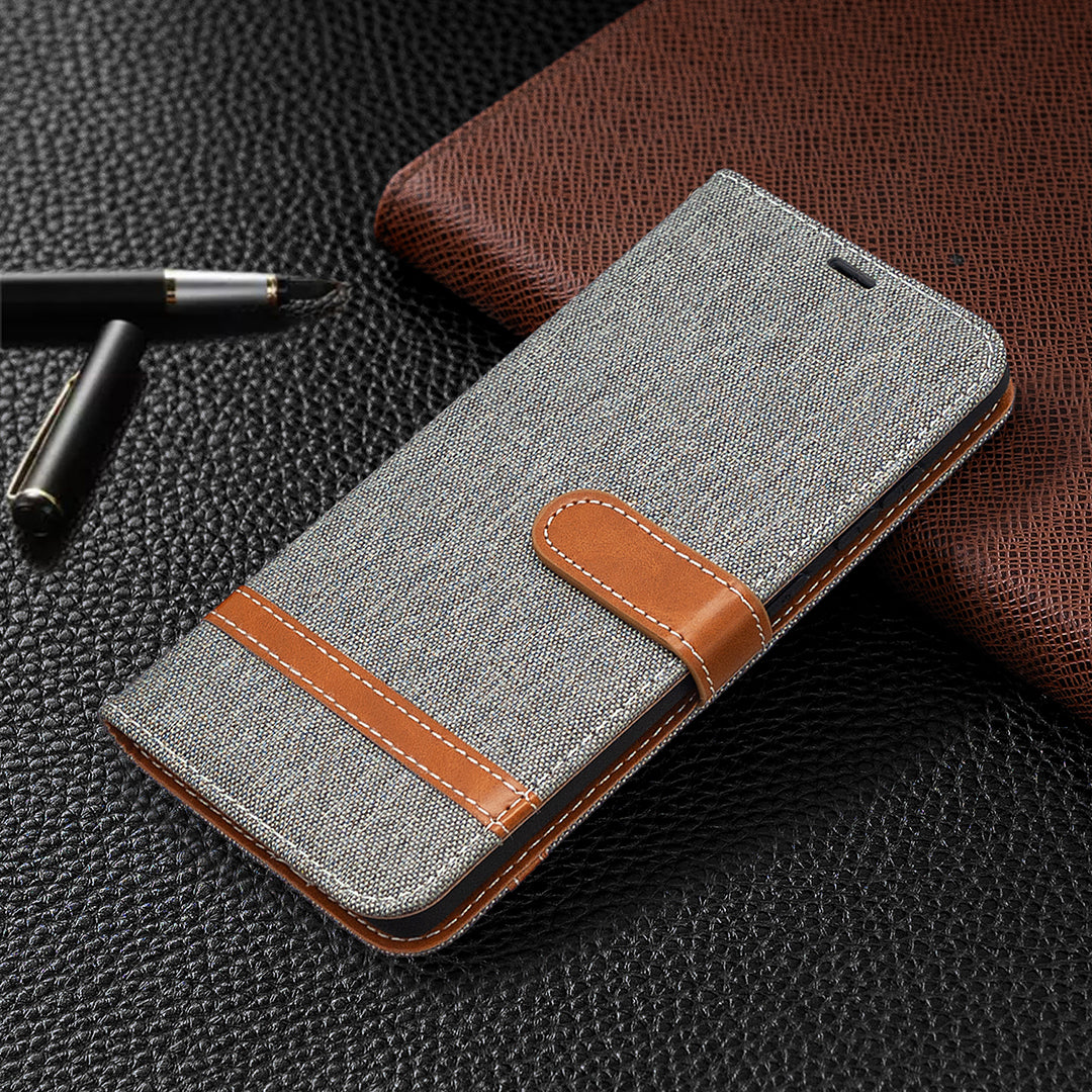 Color Splicing Jeans Cloth Skin Wallet Leather Phone Cover Case for Samsung Galaxy S20 FE 4G/FE 5G/S20 Lite/S20 FE 2022 - Grey