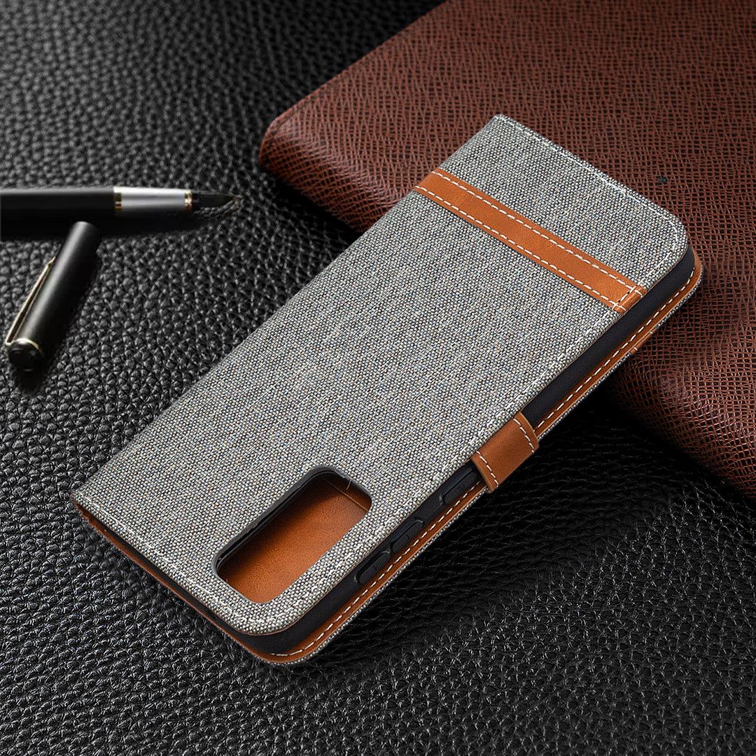 Color Splicing Jeans Cloth Skin Wallet Leather Phone Cover Case for Samsung Galaxy S20 FE 4G/FE 5G/S20 Lite/S20 FE 2022 - Grey