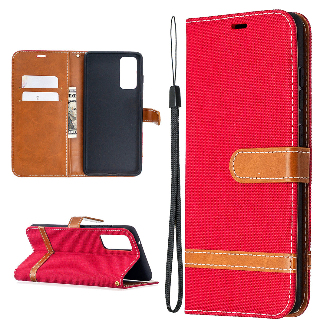 Color Splicing Jeans Cloth Skin Wallet Leather Phone Cover Case for Samsung Galaxy S20 FE 4G/FE 5G/S20 Lite/S20 FE 2022 - Red