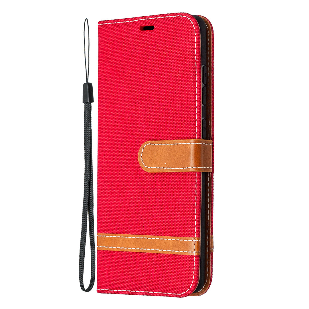 Color Splicing Jeans Cloth Skin Wallet Leather Phone Cover Case for Samsung Galaxy S20 FE 4G/FE 5G/S20 Lite/S20 FE 2022 - Red