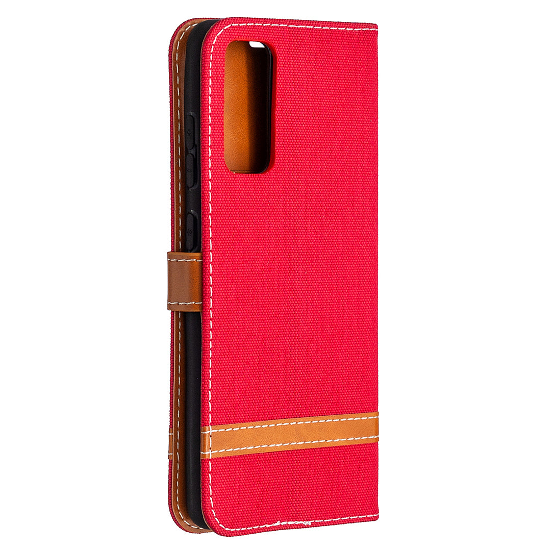 Color Splicing Jeans Cloth Skin Wallet Leather Phone Cover Case for Samsung Galaxy S20 FE 4G/FE 5G/S20 Lite/S20 FE 2022 - Red