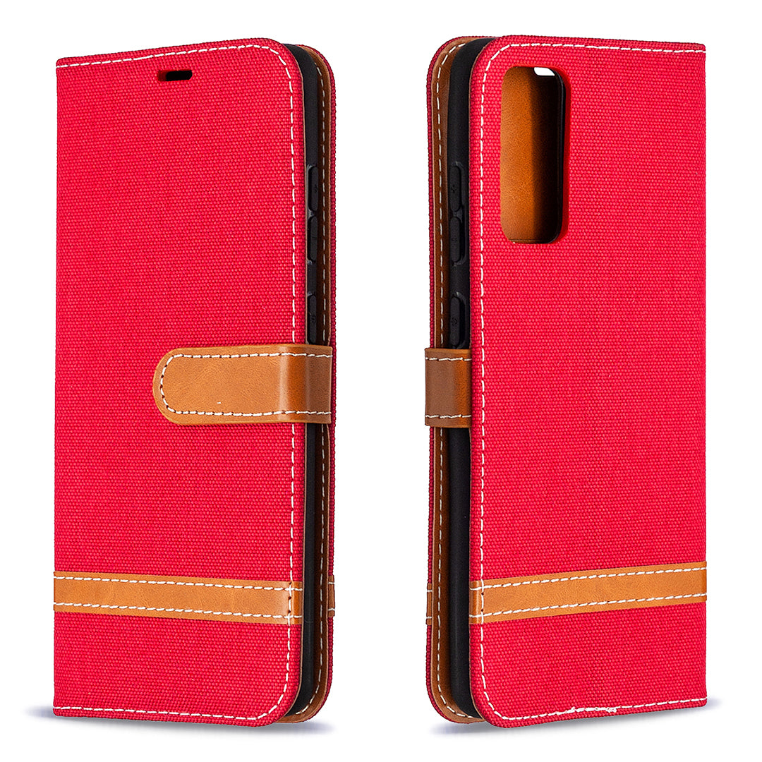 Color Splicing Jeans Cloth Skin Wallet Leather Phone Cover Case for Samsung Galaxy S20 FE 4G/FE 5G/S20 Lite/S20 FE 2022 - Red