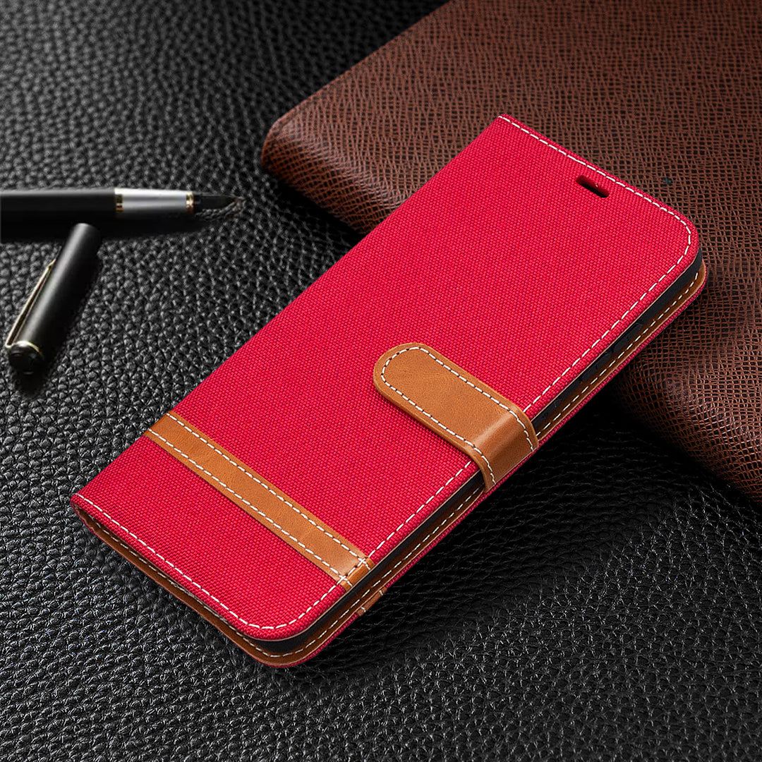 Color Splicing Jeans Cloth Skin Wallet Leather Phone Cover Case for Samsung Galaxy S20 FE 4G/FE 5G/S20 Lite/S20 FE 2022 - Red