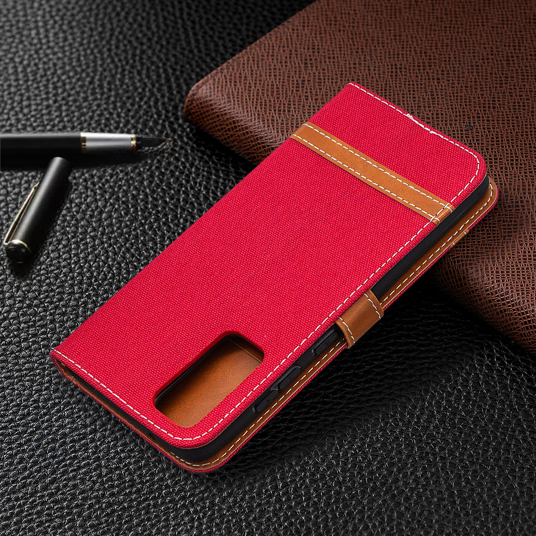 Color Splicing Jeans Cloth Skin Wallet Leather Phone Cover Case for Samsung Galaxy S20 FE 4G/FE 5G/S20 Lite/S20 FE 2022 - Red