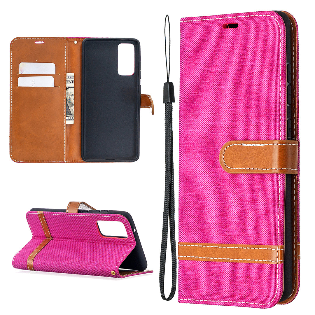 Color Splicing Jeans Cloth Skin Wallet Leather Phone Cover Case for Samsung Galaxy S20 FE 4G/FE 5G/S20 Lite/S20 FE 2022 - Rose