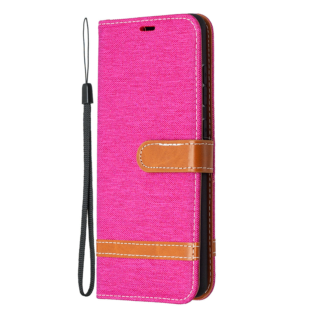 Color Splicing Jeans Cloth Skin Wallet Leather Phone Cover Case for Samsung Galaxy S20 FE 4G/FE 5G/S20 Lite/S20 FE 2022 - Rose