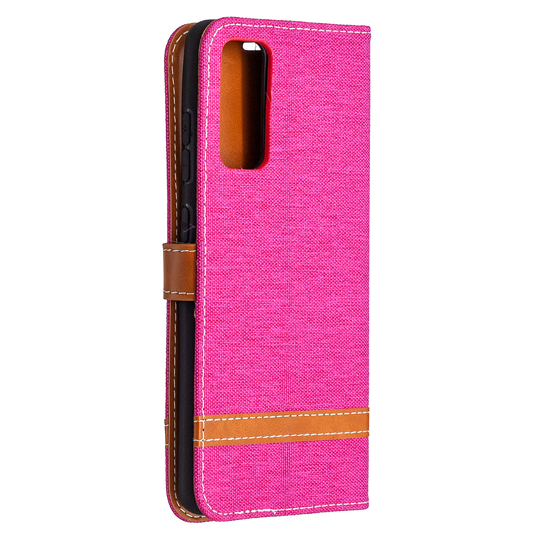 Color Splicing Jeans Cloth Skin Wallet Leather Phone Cover Case for Samsung Galaxy S20 FE 4G/FE 5G/S20 Lite/S20 FE 2022 - Rose