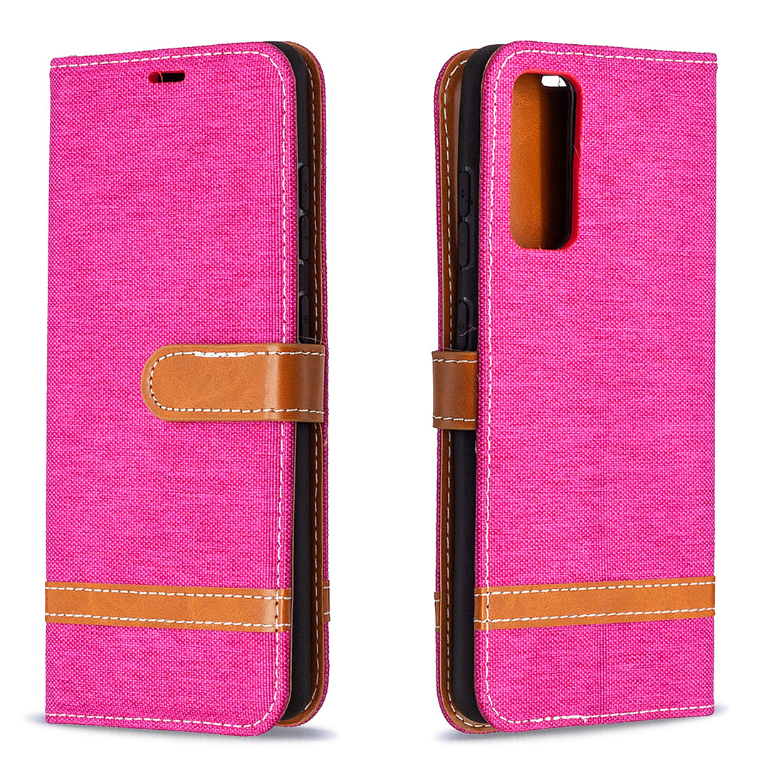 Color Splicing Jeans Cloth Skin Wallet Leather Phone Cover Case for Samsung Galaxy S20 FE 4G/FE 5G/S20 Lite/S20 FE 2022 - Rose