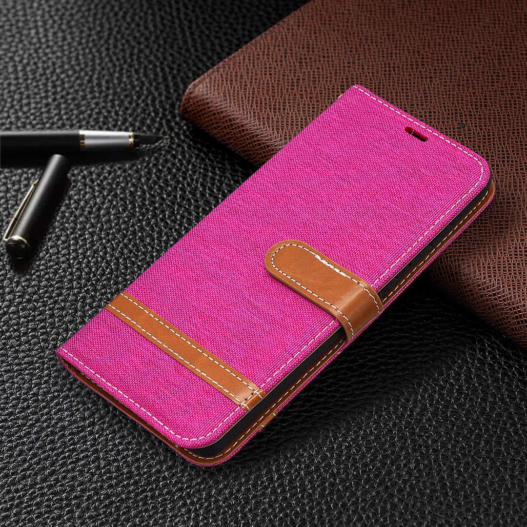 Color Splicing Jeans Cloth Skin Wallet Leather Phone Cover Case for Samsung Galaxy S20 FE 4G/FE 5G/S20 Lite/S20 FE 2022 - Rose