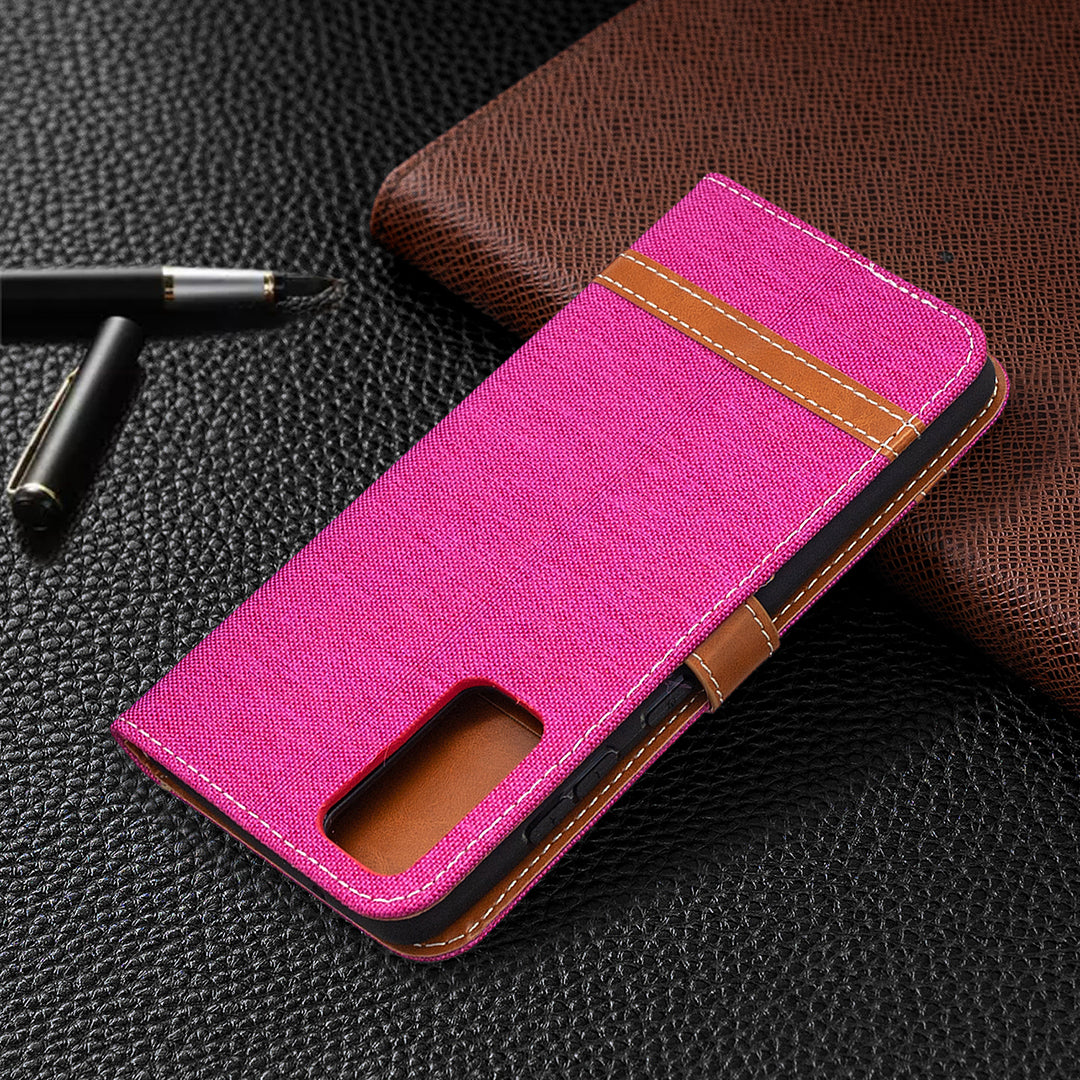 Color Splicing Jeans Cloth Skin Wallet Leather Phone Cover Case for Samsung Galaxy S20 FE 4G/FE 5G/S20 Lite/S20 FE 2022 - Rose