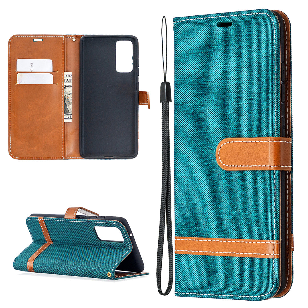 Color Splicing Jeans Cloth Skin Wallet Leather Phone Cover Case for Samsung Galaxy S20 FE 4G/FE 5G/S20 Lite/S20 FE 2022 - Green