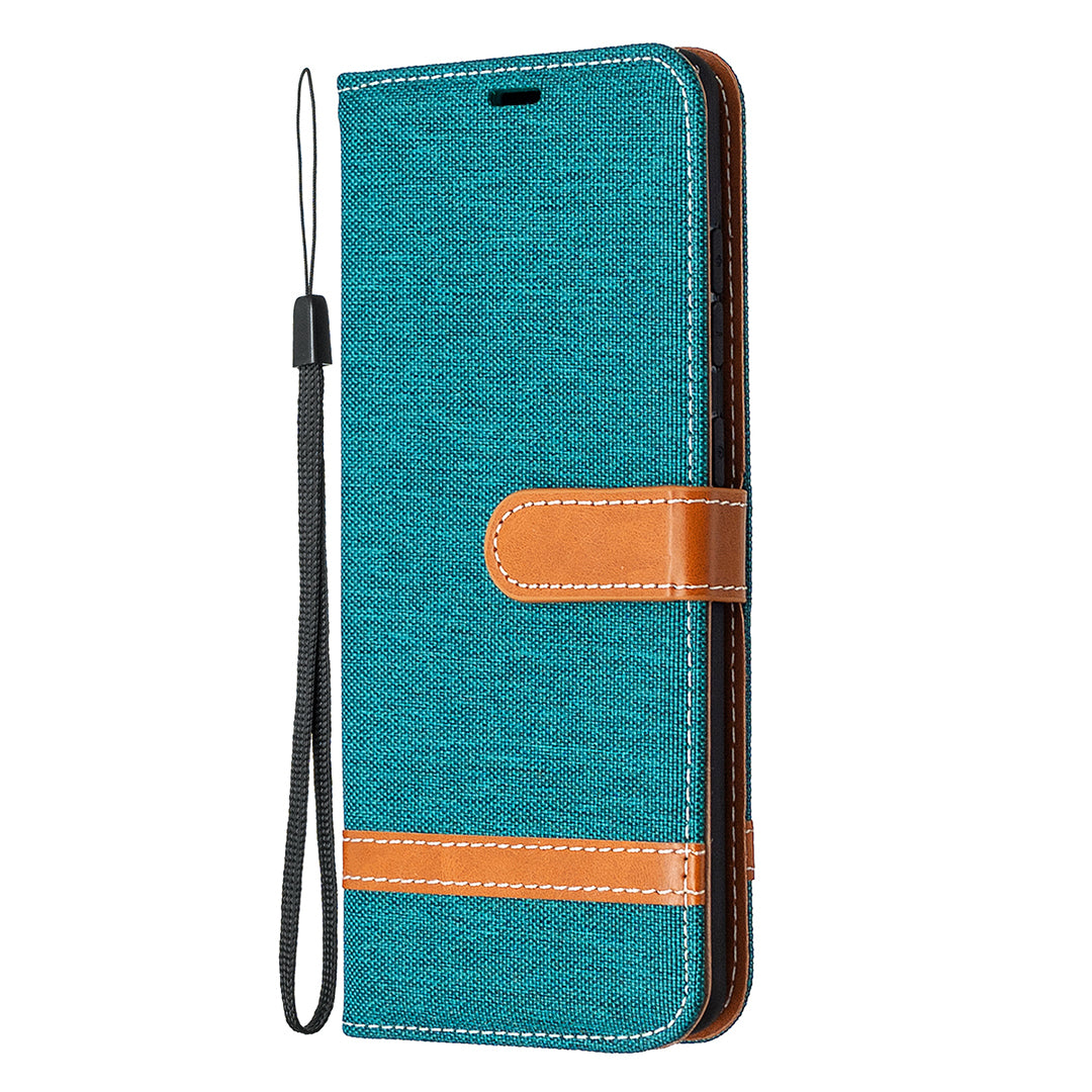 Color Splicing Jeans Cloth Skin Wallet Leather Phone Cover Case for Samsung Galaxy S20 FE 4G/FE 5G/S20 Lite/S20 FE 2022 - Green