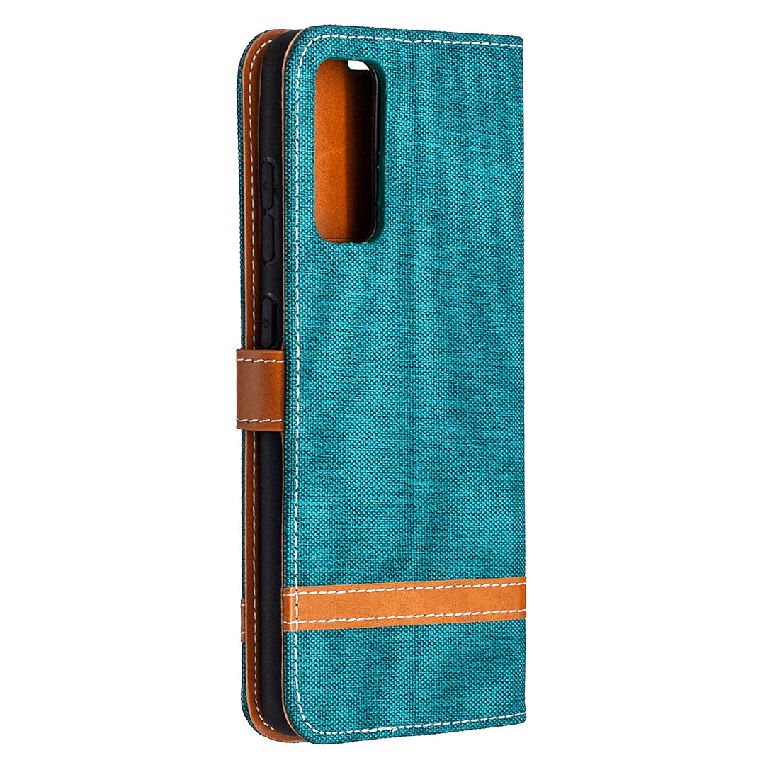 Color Splicing Jeans Cloth Skin Wallet Leather Phone Cover Case for Samsung Galaxy S20 FE 4G/FE 5G/S20 Lite/S20 FE 2022 - Green