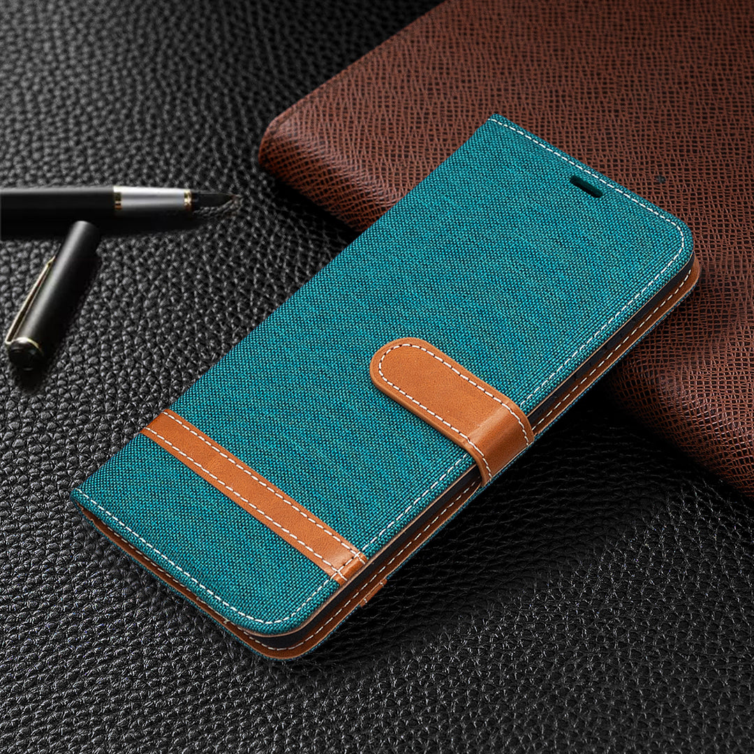 Color Splicing Jeans Cloth Skin Wallet Leather Phone Cover Case for Samsung Galaxy S20 FE 4G/FE 5G/S20 Lite/S20 FE 2022 - Green