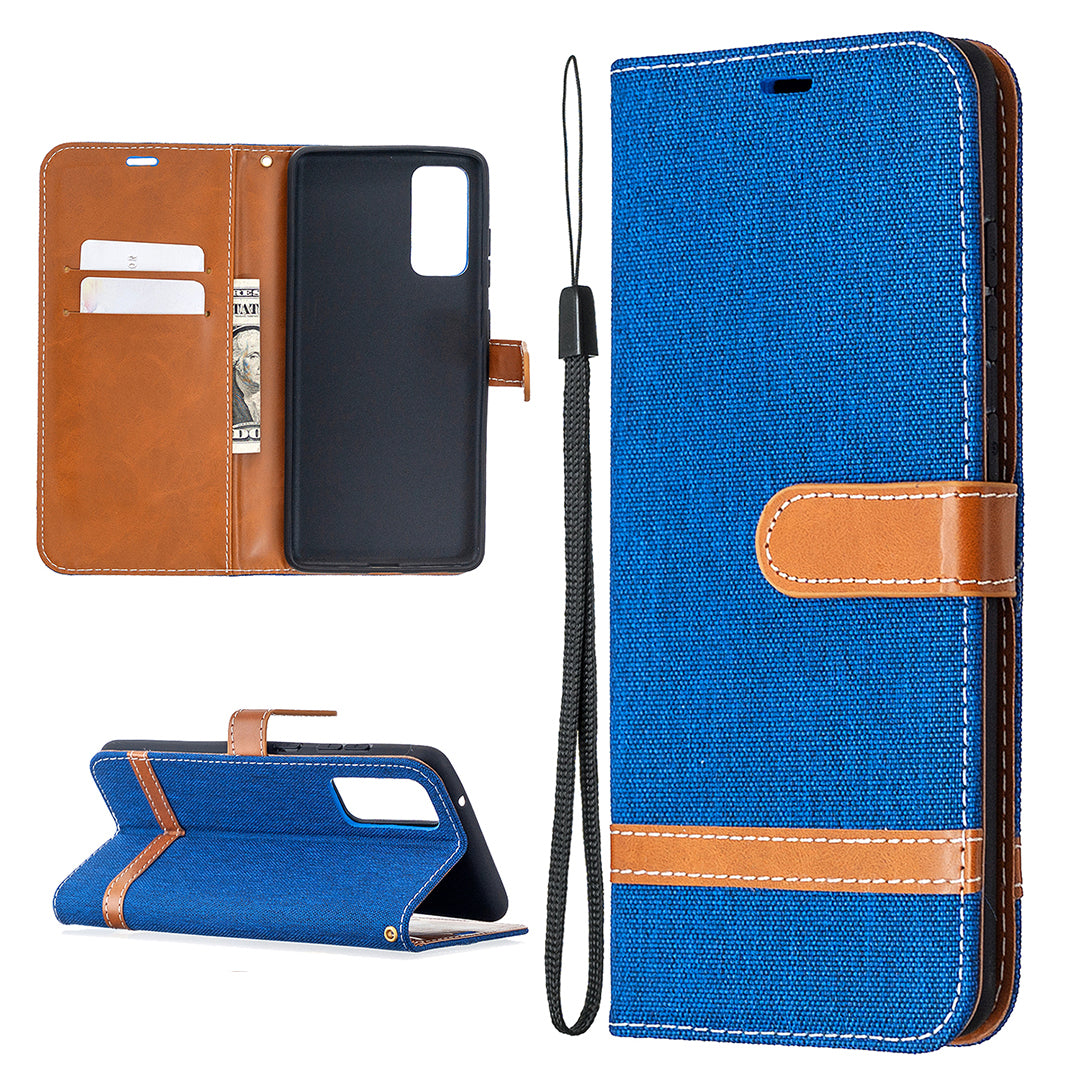 Color Splicing Jeans Cloth Skin Wallet Leather Phone Cover Case for Samsung Galaxy S20 FE 4G/FE 5G/S20 Lite/S20 FE 2022 - Baby Blue