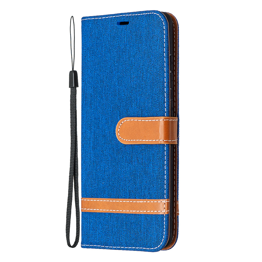 Color Splicing Jeans Cloth Skin Wallet Leather Phone Cover Case for Samsung Galaxy S20 FE 4G/FE 5G/S20 Lite/S20 FE 2022 - Baby Blue