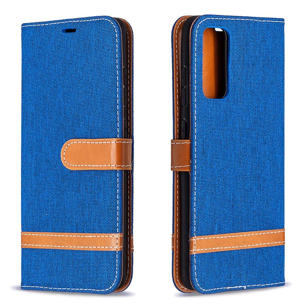 Color Splicing Jeans Cloth Skin Wallet Leather Phone Cover Case for Samsung Galaxy S20 FE 4G/FE 5G/S20 Lite/S20 FE 2022 - Baby Blue