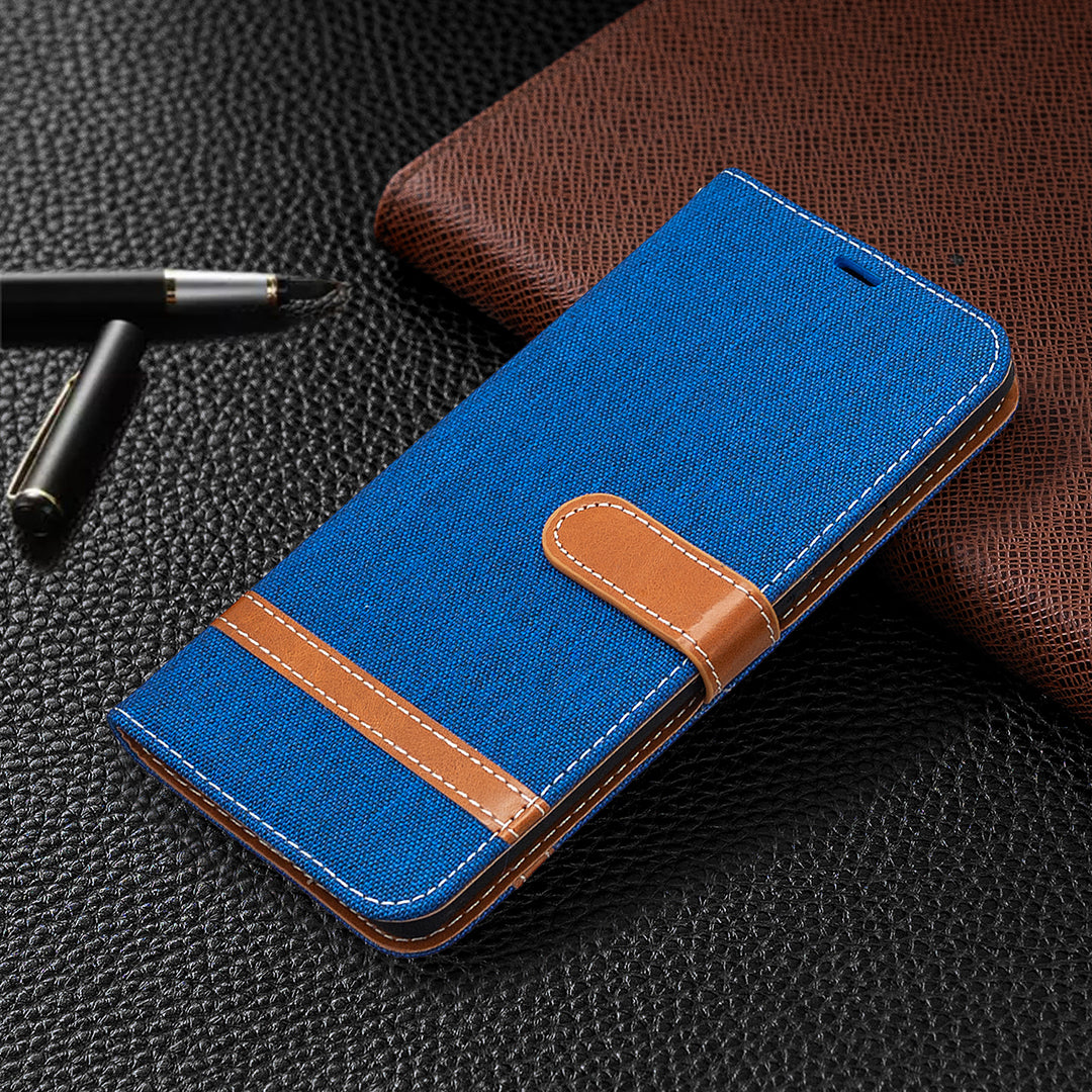 Color Splicing Jeans Cloth Skin Wallet Leather Phone Cover Case for Samsung Galaxy S20 FE 4G/FE 5G/S20 Lite/S20 FE 2022 - Baby Blue