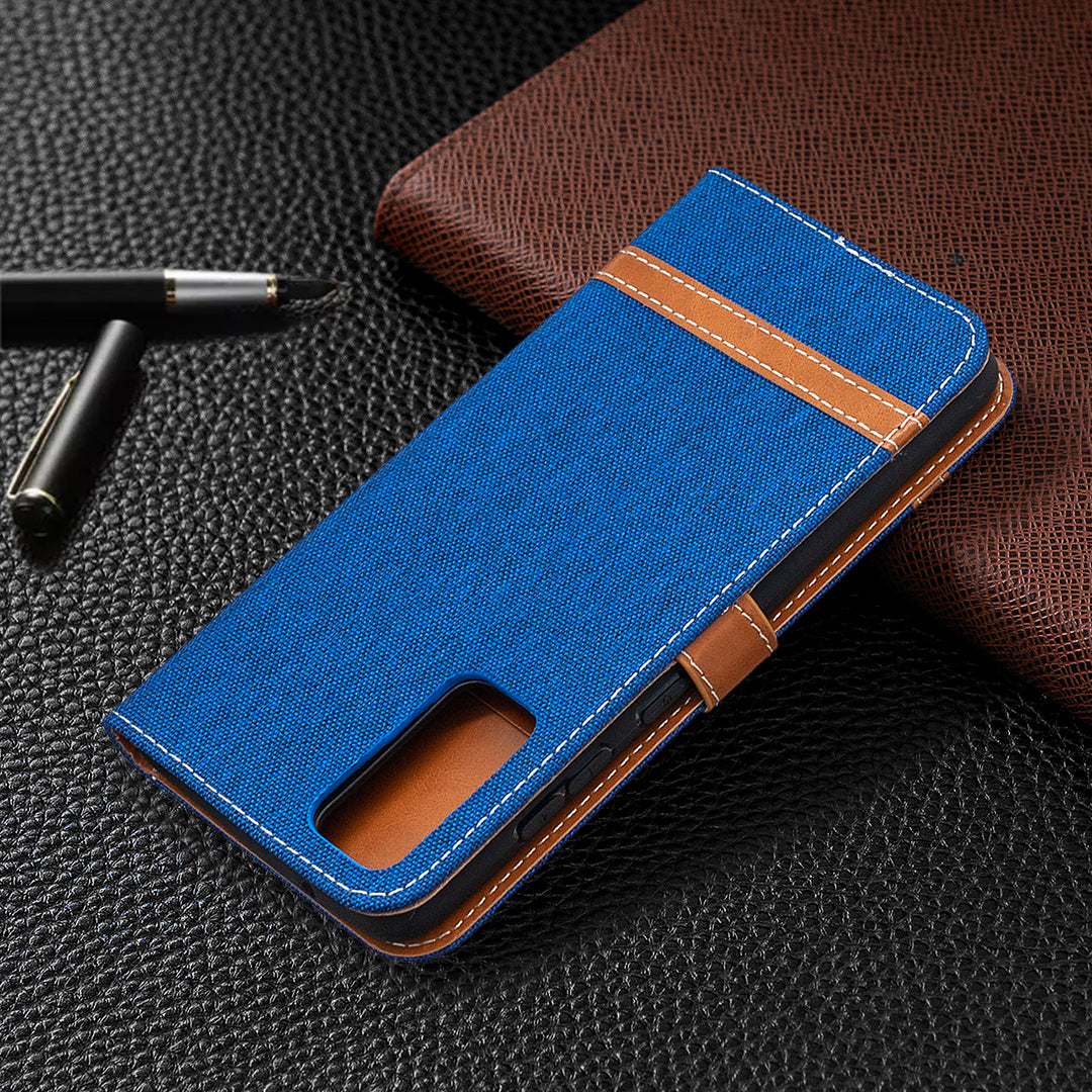 Color Splicing Jeans Cloth Skin Wallet Leather Phone Cover Case for Samsung Galaxy S20 FE 4G/FE 5G/S20 Lite/S20 FE 2022 - Baby Blue