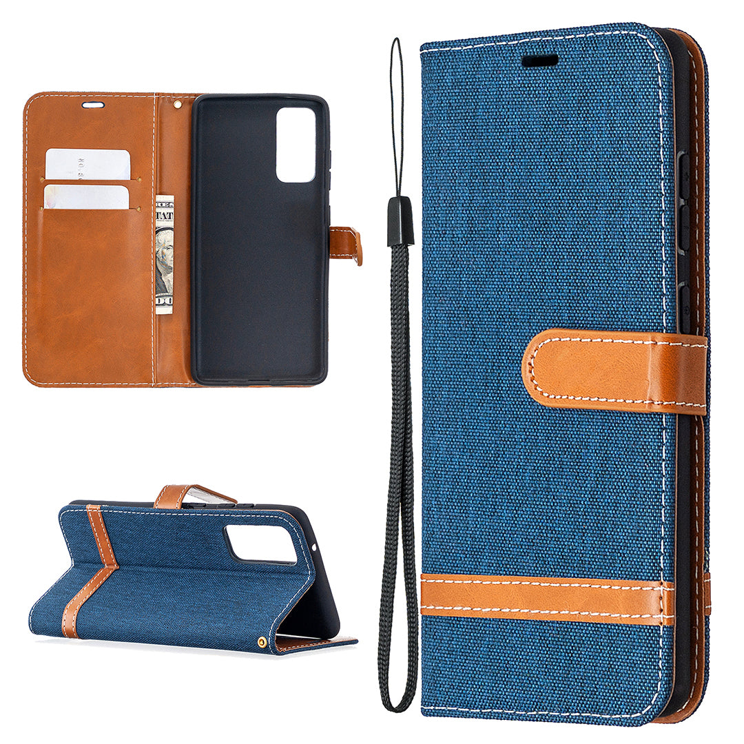 Color Splicing Jeans Cloth Skin Wallet Leather Phone Cover Case for Samsung Galaxy S20 FE 4G/FE 5G/S20 Lite/S20 FE 2022 - Dark Blue