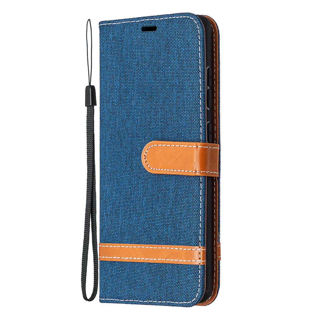 Color Splicing Jeans Cloth Skin Wallet Leather Phone Cover Case for Samsung Galaxy S20 FE 4G/FE 5G/S20 Lite/S20 FE 2022 - Dark Blue