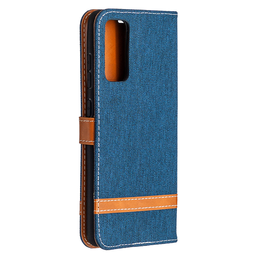 Color Splicing Jeans Cloth Skin Wallet Leather Phone Cover Case for Samsung Galaxy S20 FE 4G/FE 5G/S20 Lite/S20 FE 2022 - Dark Blue