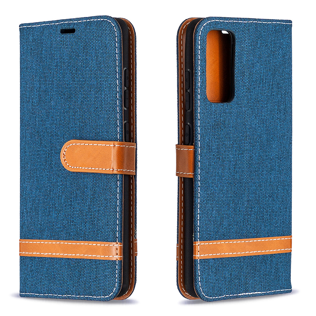 Color Splicing Jeans Cloth Skin Wallet Leather Phone Cover Case for Samsung Galaxy S20 FE 4G/FE 5G/S20 Lite/S20 FE 2022 - Dark Blue