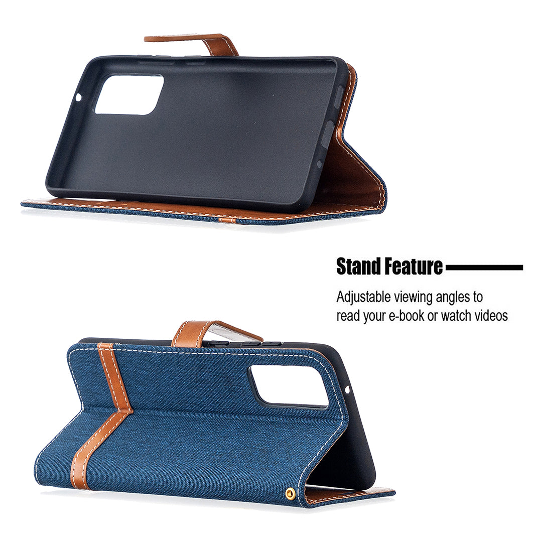 Color Splicing Jeans Cloth Skin Wallet Leather Phone Cover Case for Samsung Galaxy S20 FE 4G/FE 5G/S20 Lite/S20 FE 2022 - Dark Blue