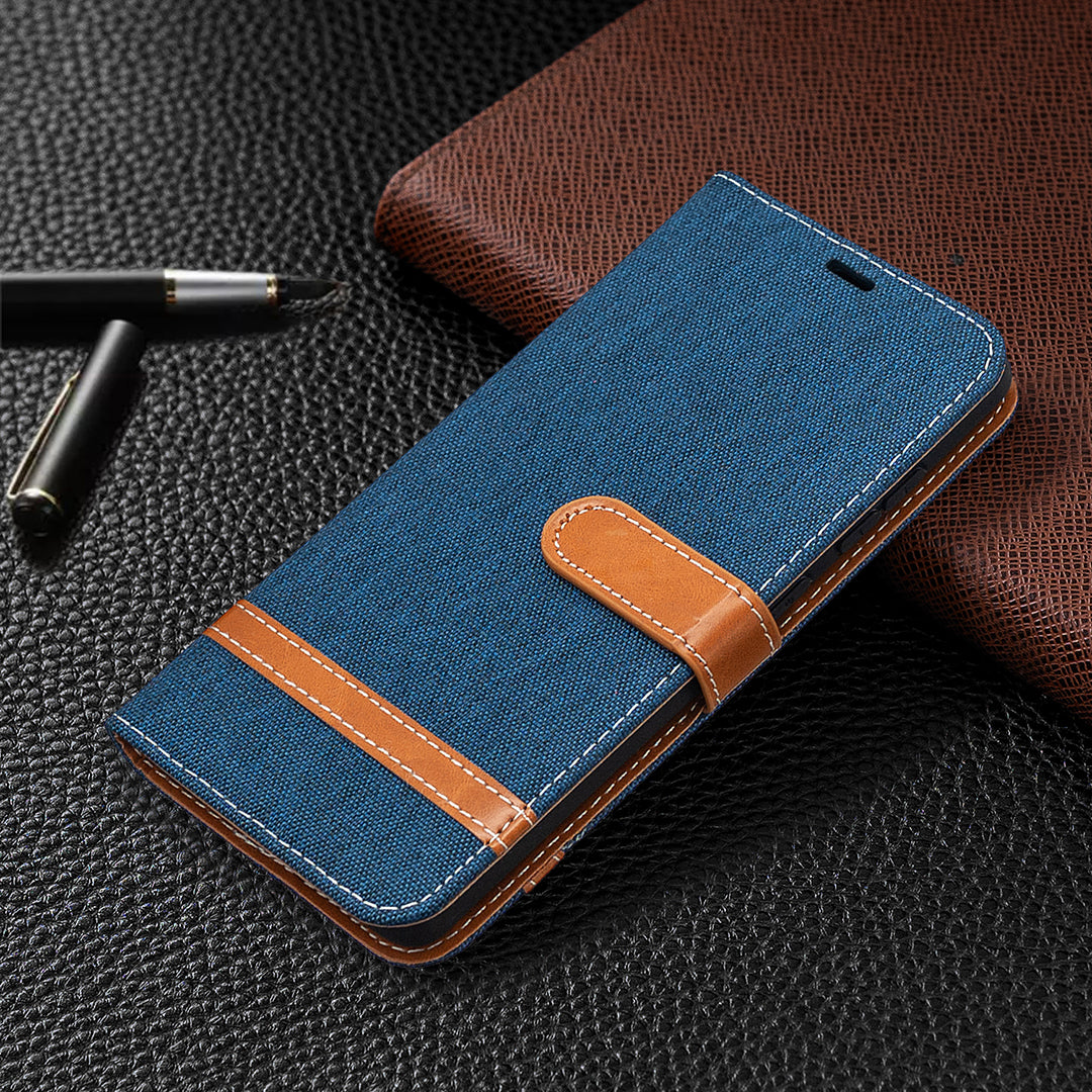 Color Splicing Jeans Cloth Skin Wallet Leather Phone Cover Case for Samsung Galaxy S20 FE 4G/FE 5G/S20 Lite/S20 FE 2022 - Dark Blue