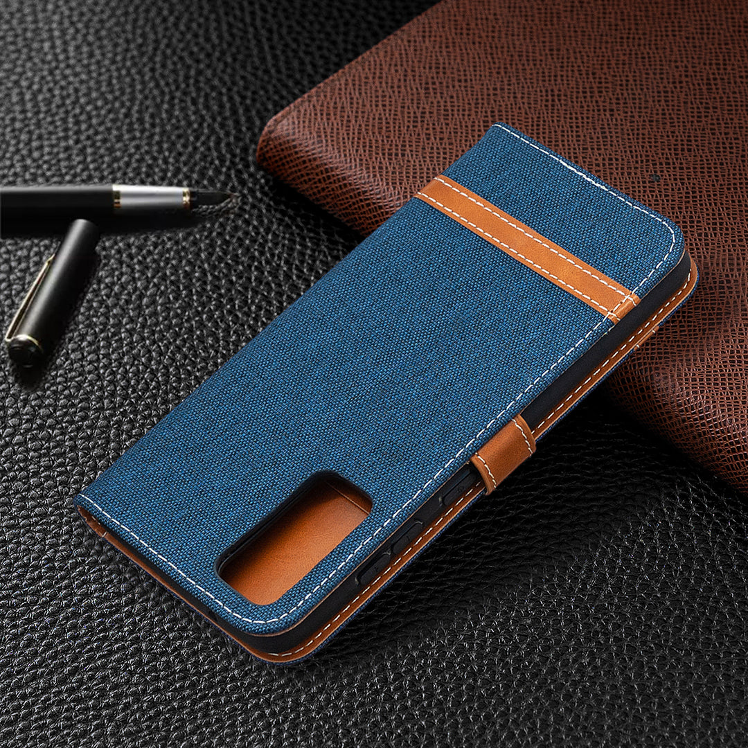 Color Splicing Jeans Cloth Skin Wallet Leather Phone Cover Case for Samsung Galaxy S20 FE 4G/FE 5G/S20 Lite/S20 FE 2022 - Dark Blue