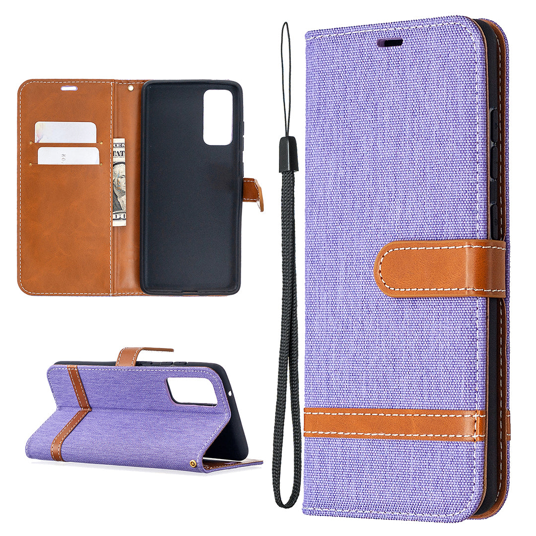 Color Splicing Jeans Cloth Skin Wallet Leather Phone Cover Case for Samsung Galaxy S20 FE 4G/FE 5G/S20 Lite/S20 FE 2022 - Purple