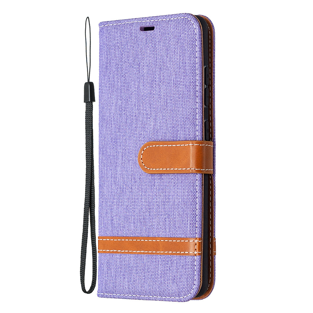 Color Splicing Jeans Cloth Skin Wallet Leather Phone Cover Case for Samsung Galaxy S20 FE 4G/FE 5G/S20 Lite/S20 FE 2022 - Purple