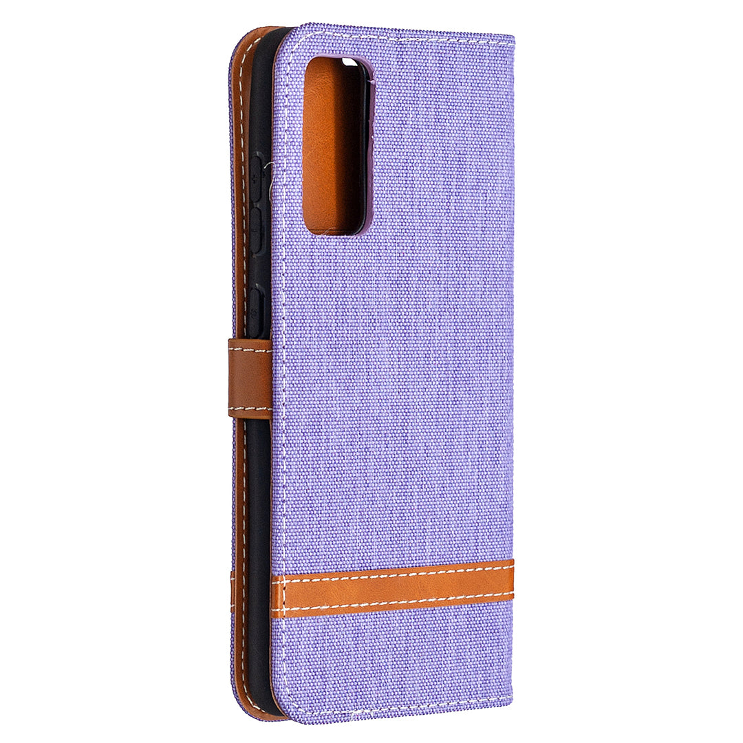 Color Splicing Jeans Cloth Skin Wallet Leather Phone Cover Case for Samsung Galaxy S20 FE 4G/FE 5G/S20 Lite/S20 FE 2022 - Purple