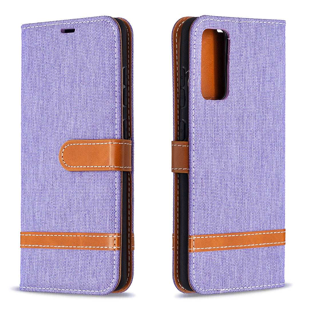 Color Splicing Jeans Cloth Skin Wallet Leather Phone Cover Case for Samsung Galaxy S20 FE 4G/FE 5G/S20 Lite/S20 FE 2022 - Purple