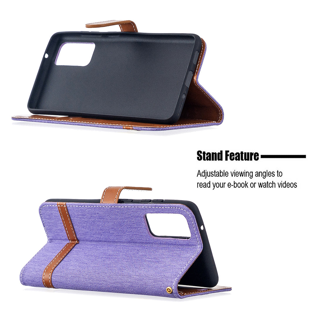 Color Splicing Jeans Cloth Skin Wallet Leather Phone Cover Case for Samsung Galaxy S20 FE 4G/FE 5G/S20 Lite/S20 FE 2022 - Purple