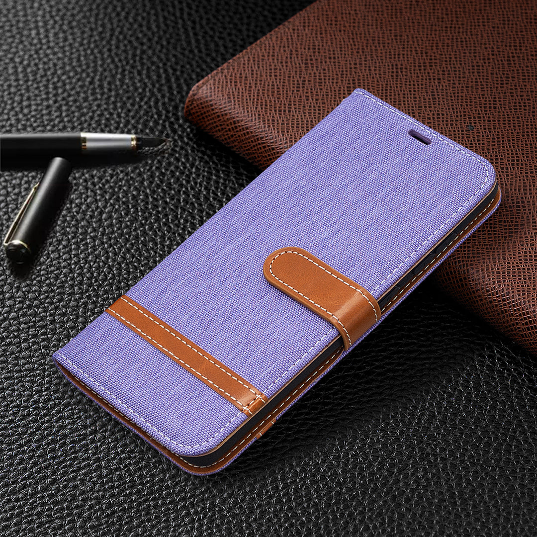 Color Splicing Jeans Cloth Skin Wallet Leather Phone Cover Case for Samsung Galaxy S20 FE 4G/FE 5G/S20 Lite/S20 FE 2022 - Purple