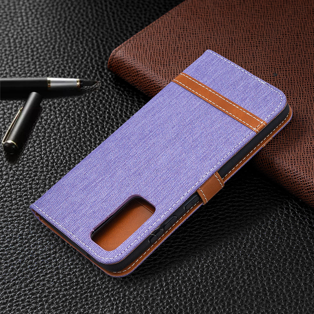 Color Splicing Jeans Cloth Skin Wallet Leather Phone Cover Case for Samsung Galaxy S20 FE 4G/FE 5G/S20 Lite/S20 FE 2022 - Purple