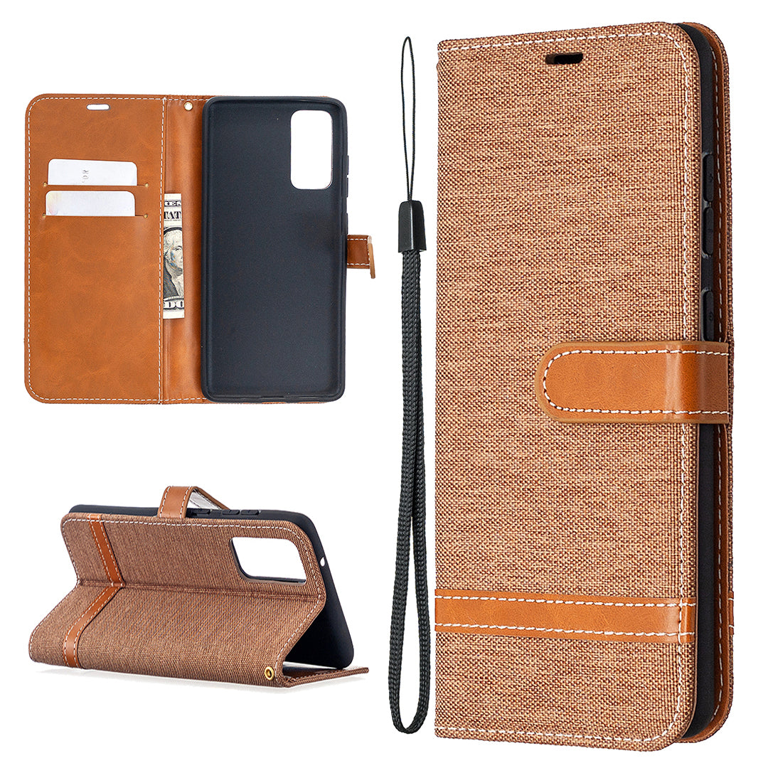 Color Splicing Jeans Cloth Skin Wallet Leather Phone Cover Case for Samsung Galaxy S20 FE 4G/FE 5G/S20 Lite/S20 FE 2022 - Brown