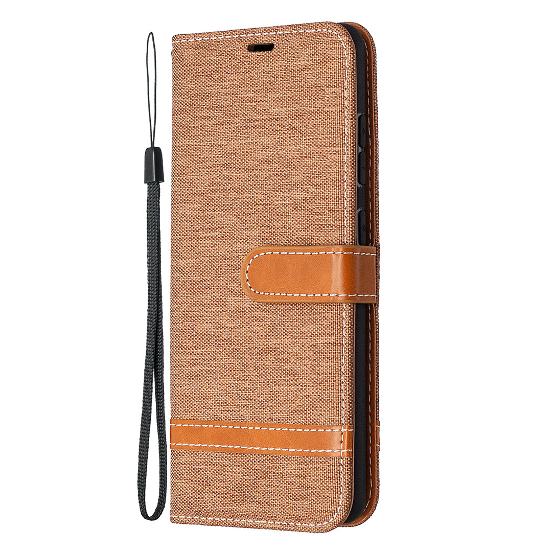 Color Splicing Jeans Cloth Skin Wallet Leather Phone Cover Case for Samsung Galaxy S20 FE 4G/FE 5G/S20 Lite/S20 FE 2022 - Brown