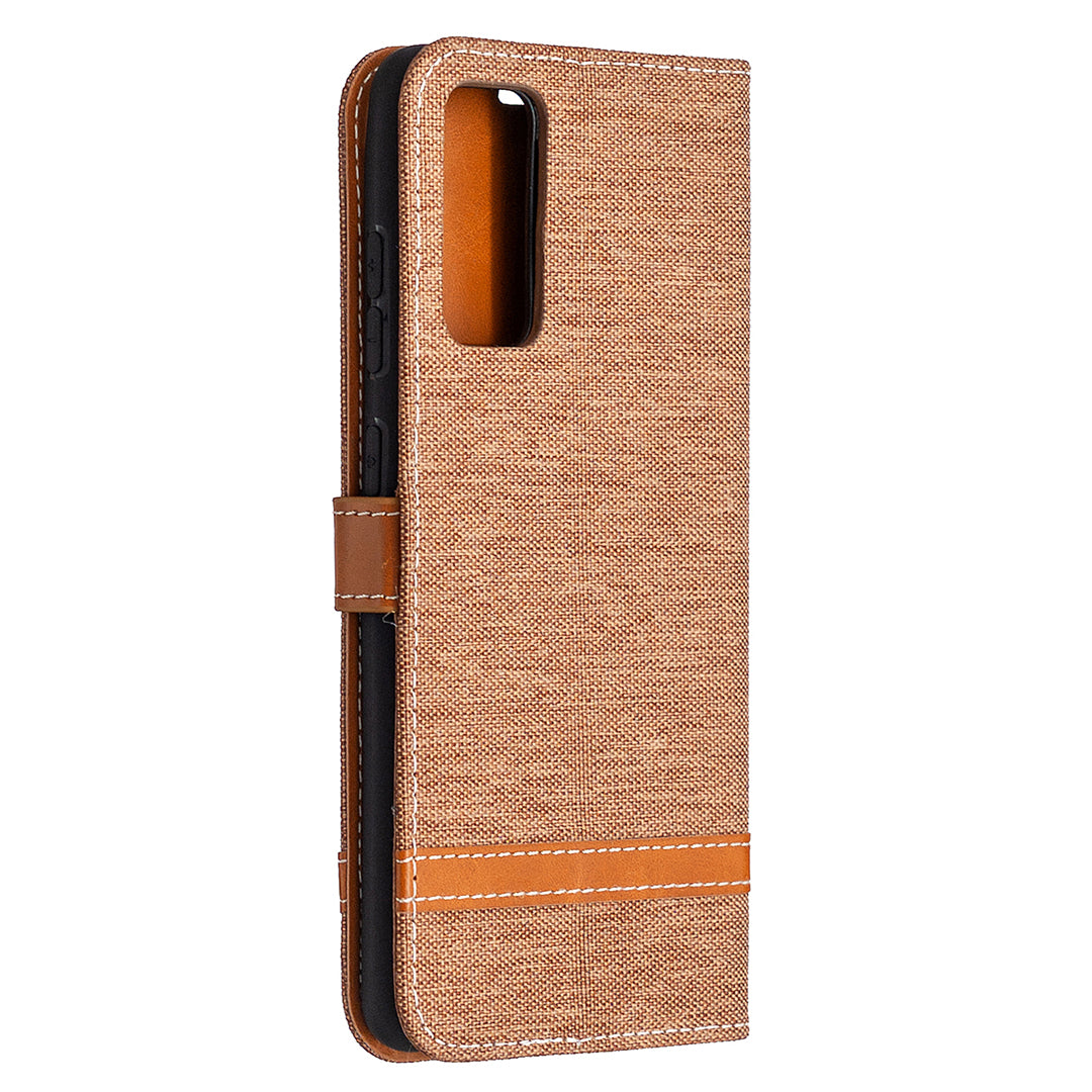 Color Splicing Jeans Cloth Skin Wallet Leather Phone Cover Case for Samsung Galaxy S20 FE 4G/FE 5G/S20 Lite/S20 FE 2022 - Brown