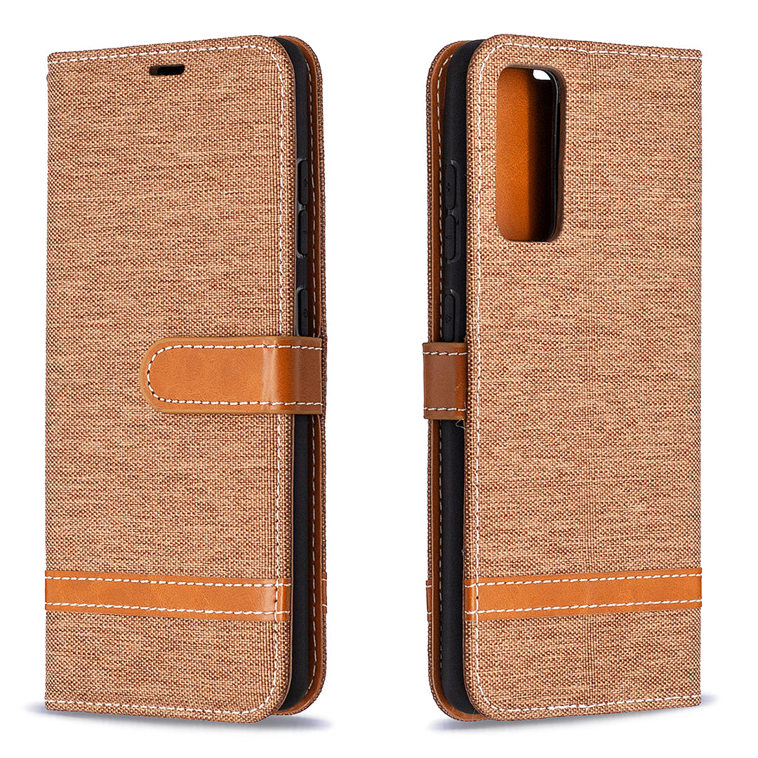 Color Splicing Jeans Cloth Skin Wallet Leather Phone Cover Case for Samsung Galaxy S20 FE 4G/FE 5G/S20 Lite/S20 FE 2022 - Brown