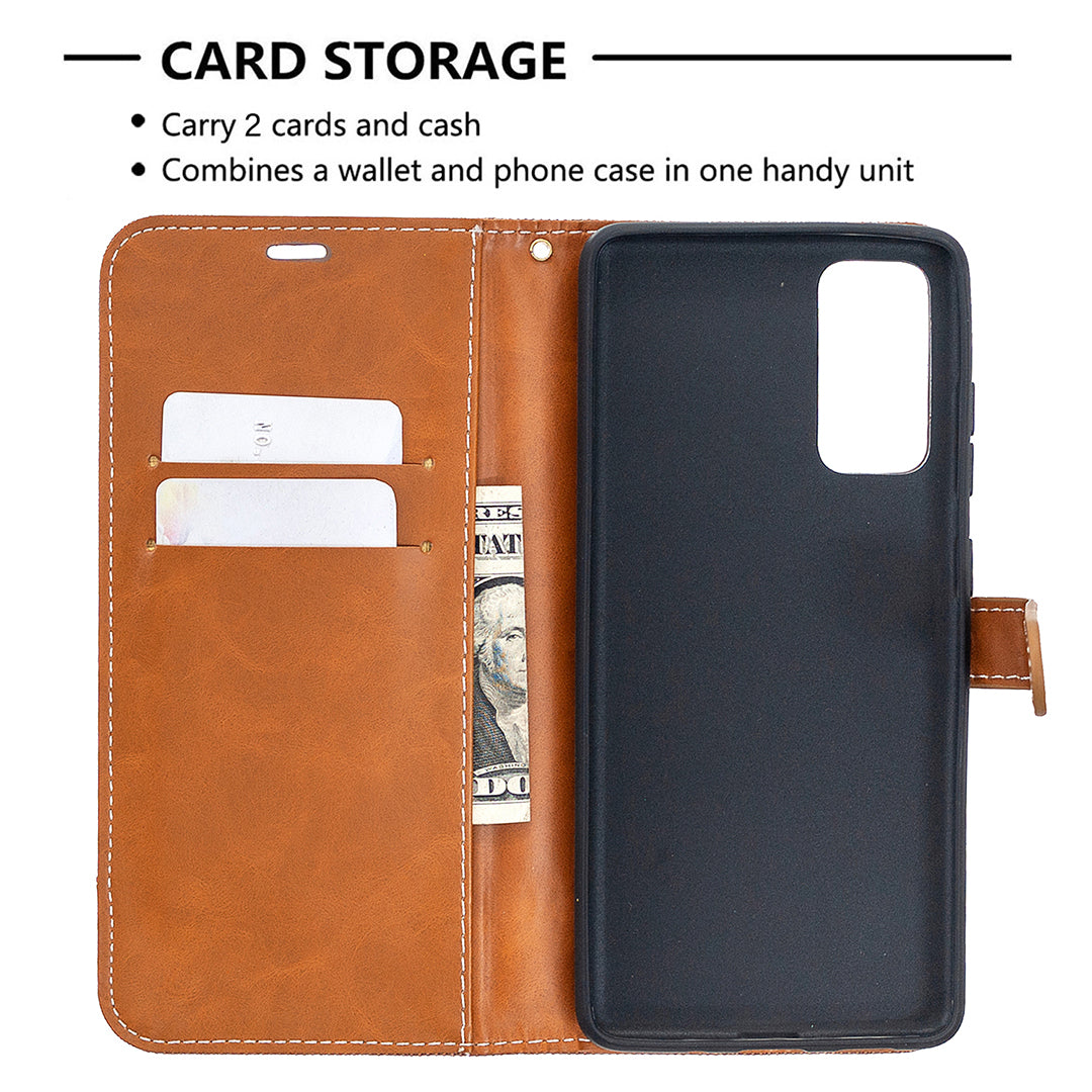 Color Splicing Jeans Cloth Skin Wallet Leather Phone Cover Case for Samsung Galaxy S20 FE 4G/FE 5G/S20 Lite/S20 FE 2022 - Brown